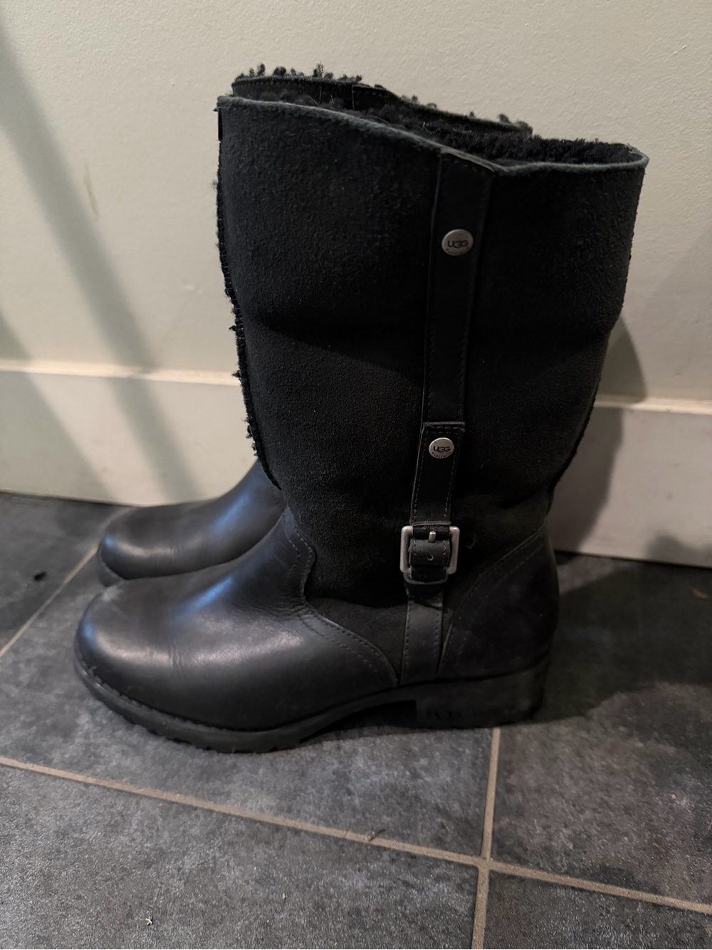 UGG Black Leather Shearling Cuff Buckle Boot - Picture 10 of 10
